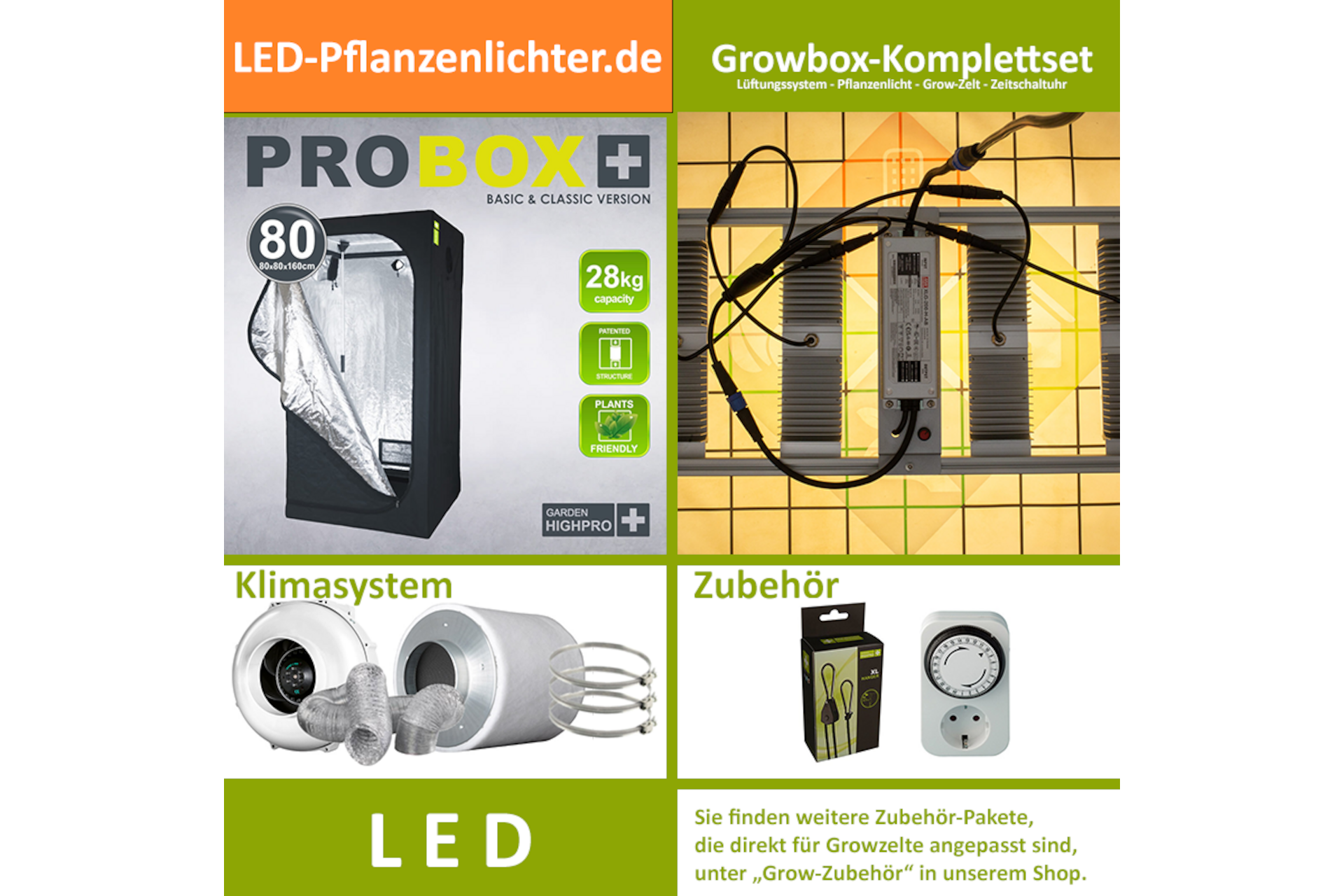 LED-Grow-Set GHP80 mit Lüftung & Lampe nach Wahl