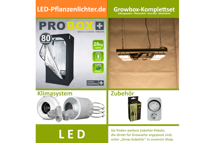 LED-Grow-Set GHP80 mit Lüftung & Lampe nach Wahl