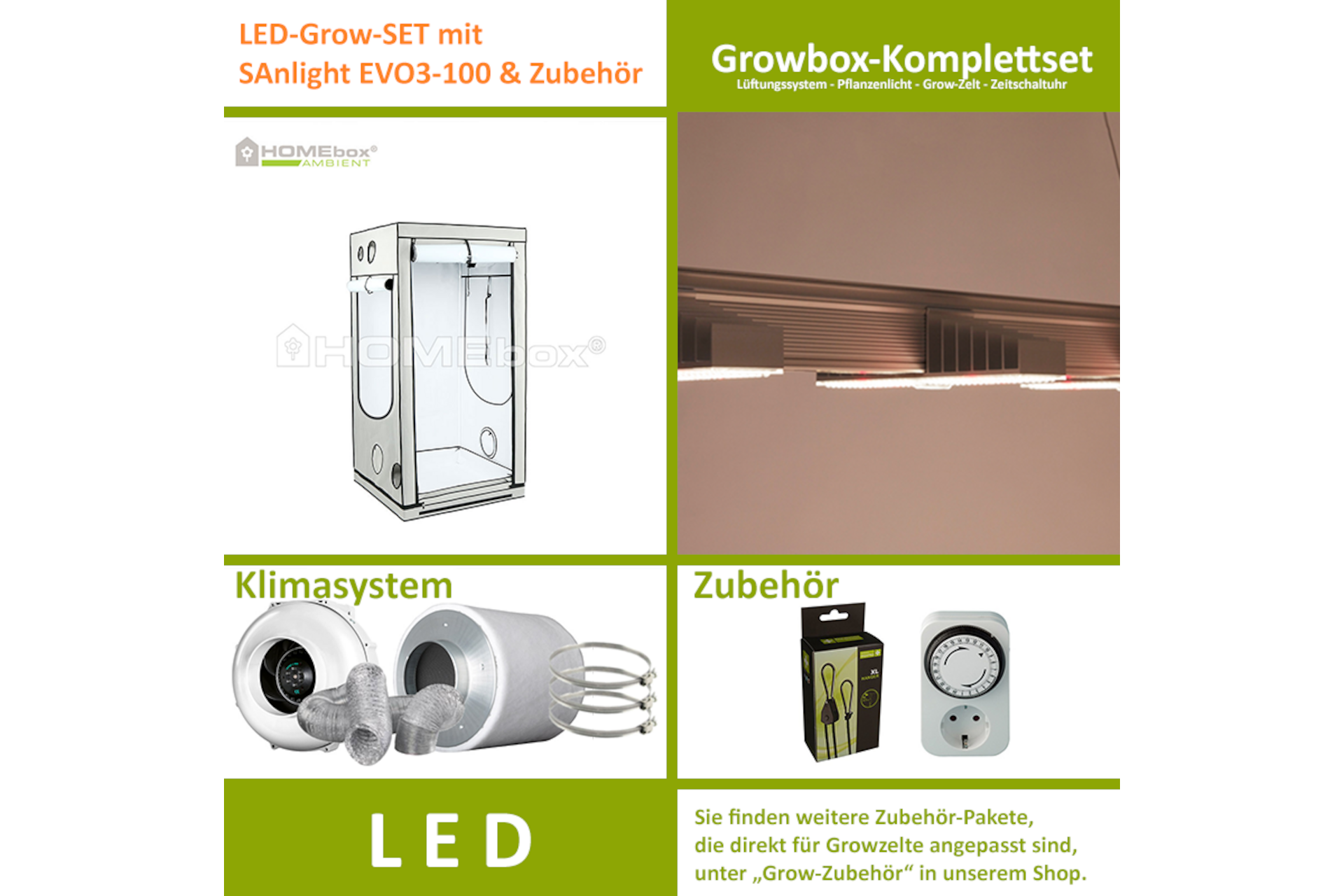 LED-Grow-Set Q100 mit Lüftung & Lampe nach Wahl