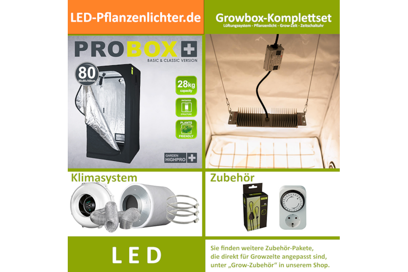 LED-Grow-Set GHP80 mit Lüftung & Lampe nach Wahl