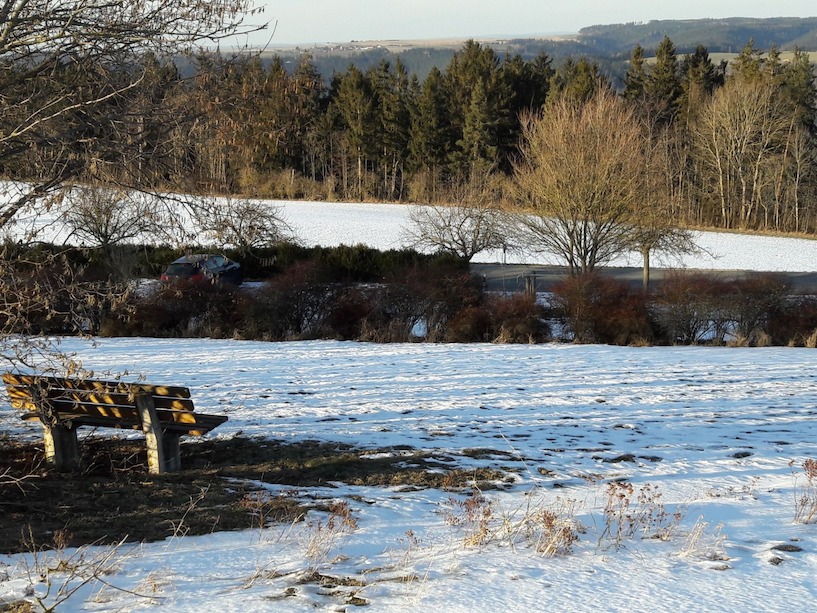 Seeblick, Drognitz. Hohenwarte, Wanderparkplatz, Winter, Schnee, Sitzbank