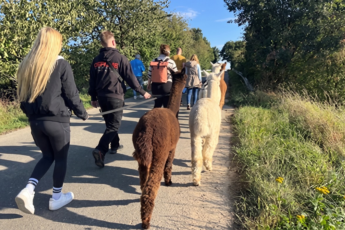 Alpaka Gruppenwanderung: Eine Person mit einem Alpaka