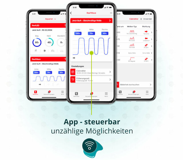 Dieses Bild zeigt die Moeglichkeiten der Red Sea ReefWave 25 App-Steuerung
