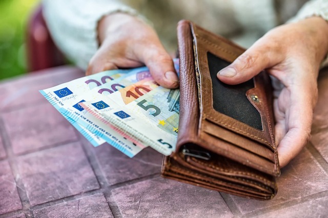 Euro, Geld, Rente, Geldbörse, Geldscheine, Portmonee, Hände, Pension, Währung, Bargeld