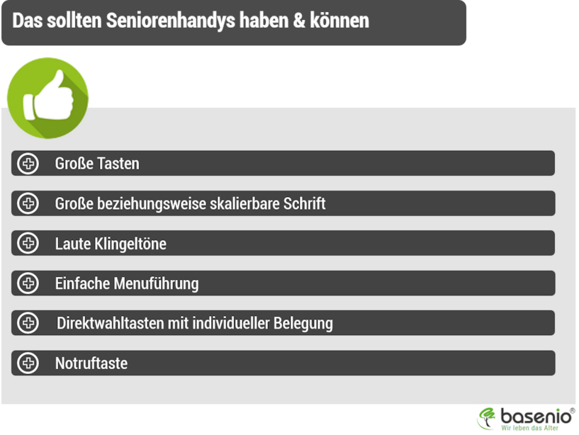 Über diese Funktionen und Ausstattungen sollte eine Seniorenhandy beziehungsweise Seniorentelefon verfügen. Seniorenhandy, Seniorentelefon